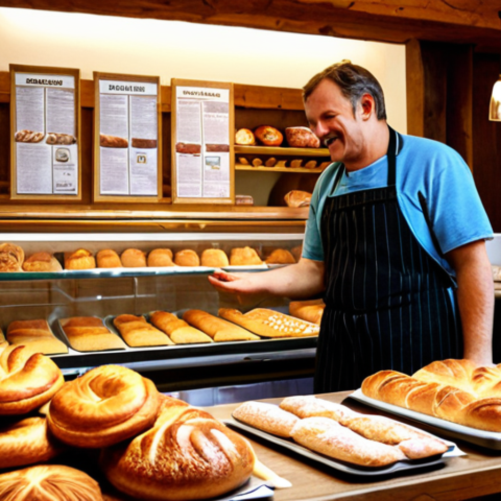 **

Prompt: A cozy German bakery interior. Focus on a friendly baker interacting with a customer, displaying a variety of fresh pastries and breads. Warm lighting, inviting atmosphere. Emphasize the bakery's connection to the local community with subtle details like a local newspaper on a table or posters for neighborhood events.

**