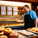 **

Prompt: A cozy German bakery interior. Focus on a friendly baker interacting with a customer, displaying a variety of fresh pastries and breads. Warm lighting, inviting atmosphere. Emphasize the bakery's connection to the local community with subtle details like a local newspaper on a table or posters for neighborhood events.

**
