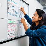 A diverse group of professional UX researchers and designers, fully clothed in modern, modest business casual attire, actively collaborating around a large whiteboard. The whiteboard displays a detailed empathy map with notes on user thoughts, feelings, and actions. They are engaged in a brainstorming session in a bright, contemporary open-plan office space with natural light. Professional photography, high resolution, soft studio lighting, focused depth of field, perfect anatomy, correct proportions, natural pose, well-formed hands, proper finger count, natural body proportions, safe for work, appropriate content, fully clothed, professional dress.