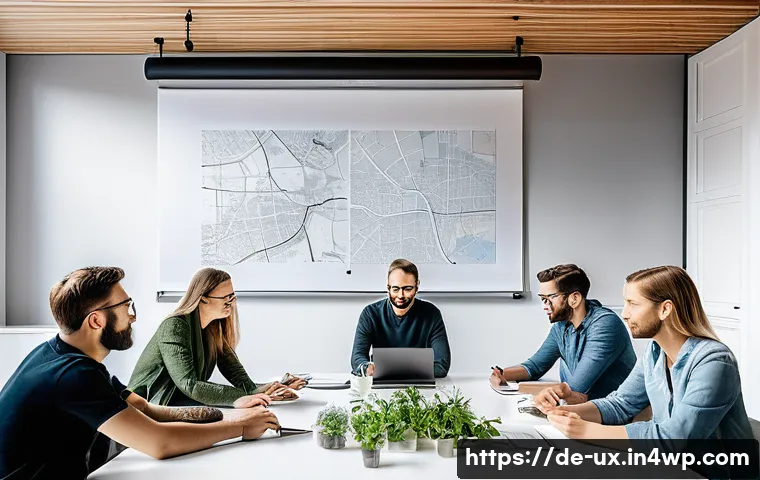 공감 기반 UX의 효과적인 커뮤니케이션 방법 - A modern UX design team workshop scene in a bright, stylish Berlin office, showing diverse professio...
