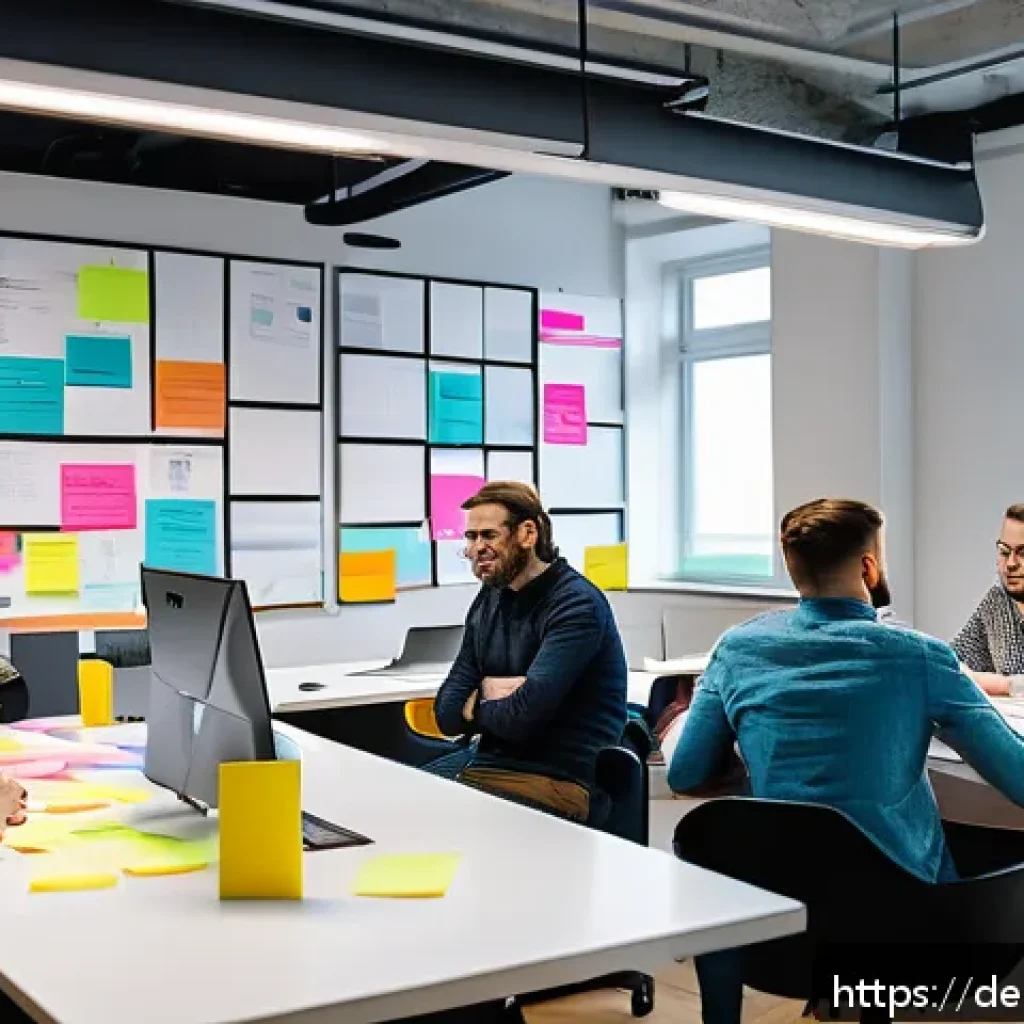 UX 프레임워크에서 공감 요소 통합하기 - A diverse UX design team collaborating in a modern Berlin office, brainstorming around a large table...