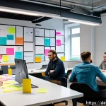 Home 23 UX 프레임워크에서 공감 요소 통합하기 - A diverse UX design team collaborating in a modern Berlin office, brainstorming around a large table...