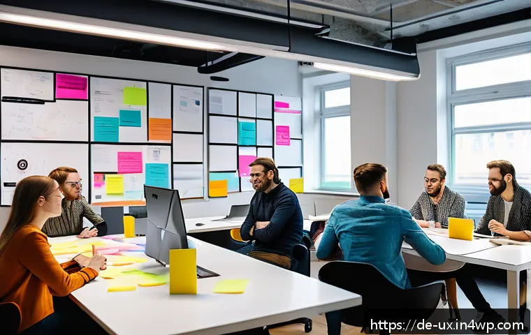 UX 프레임워크에서 공감 요소 통합하기 - A diverse UX design team collaborating in a modern Berlin office, brainstorming around a large table...