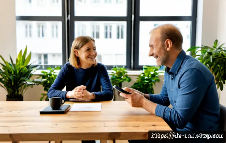 Home 17 사용자와의 관계 강화를 위한 UX 전략 - Photorealistic user experience consultation in a modern Berlin coworking studio, friendly German pro...